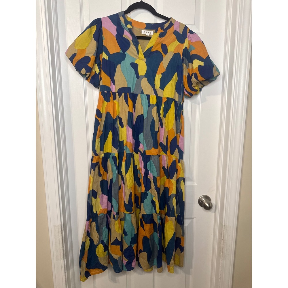 100% Cotton THML Abstract Print Tiered Midi Dress Multi-Color Cotton V-Neck XS
